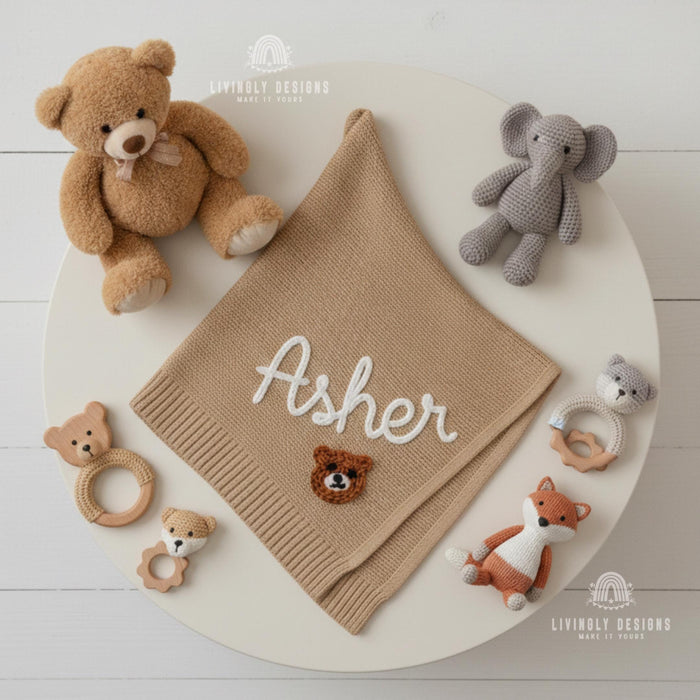 Hand Embroidered Custom Bear Baby Blanket