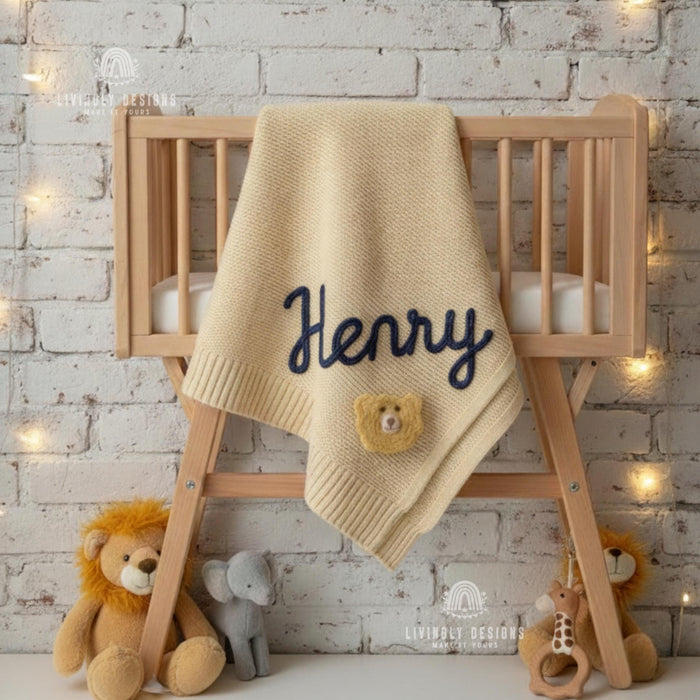 Hand Embroidered Custom Lion Baby Blanket