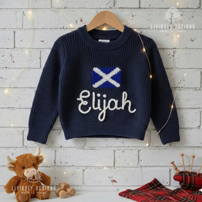 Personalized Name Scottish Flag Kids Knit Sweater