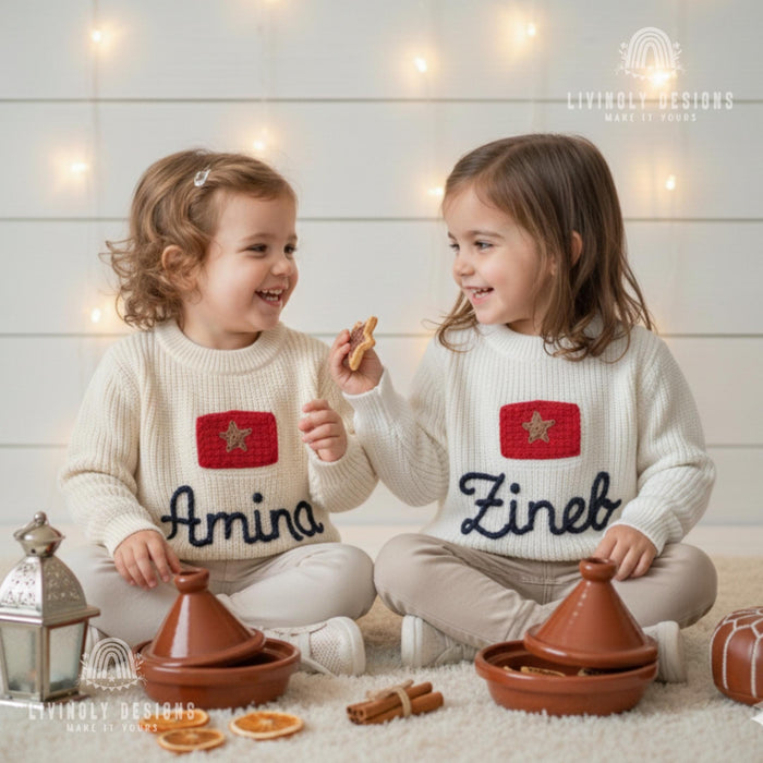Personalized Name Kids Morocco Flag Knit Sweater
