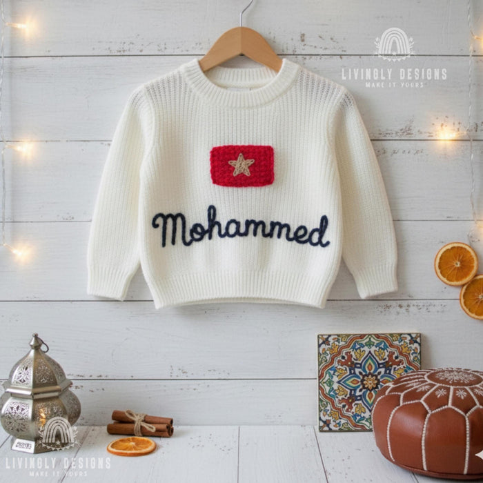 Personalized Name Kids Morocco Flag Knit Sweater