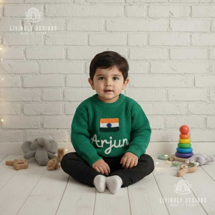 Personalized Name Kids India Flag Knit Sweater