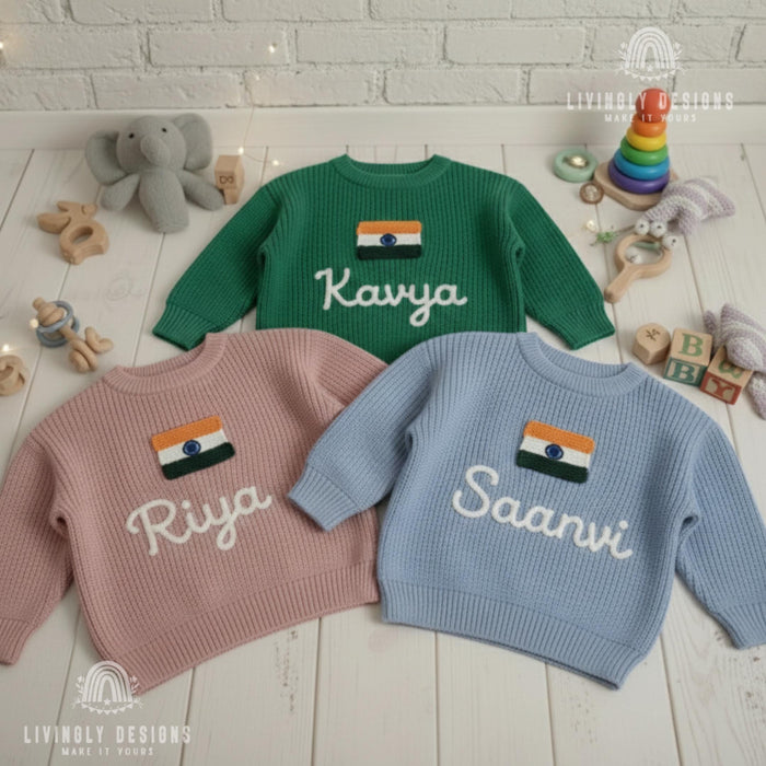 Personalized Name Kids India Flag Knit Sweater