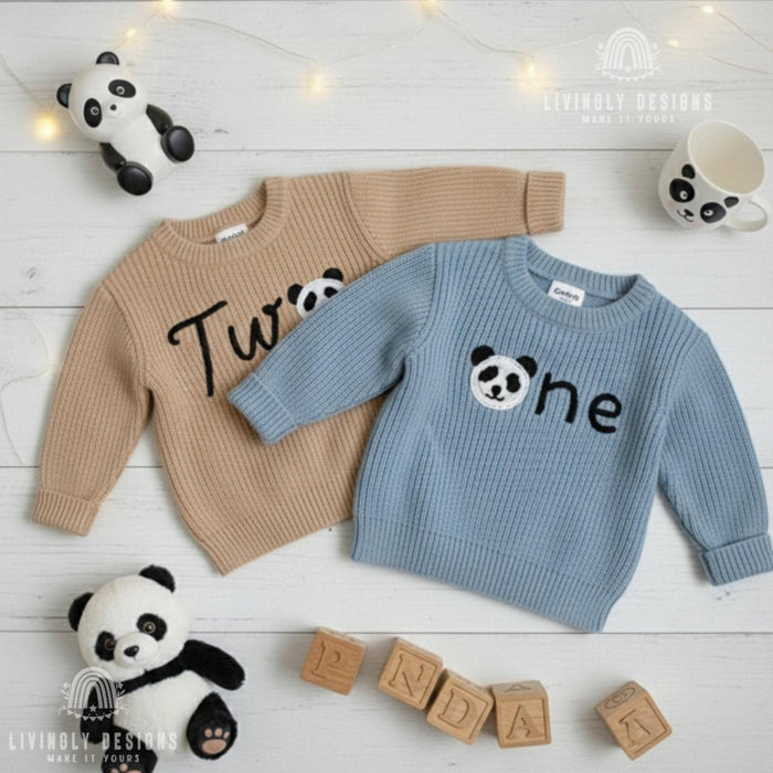 Personalized Number Knit Sweater Custom Panda Wild Animal Keepsake