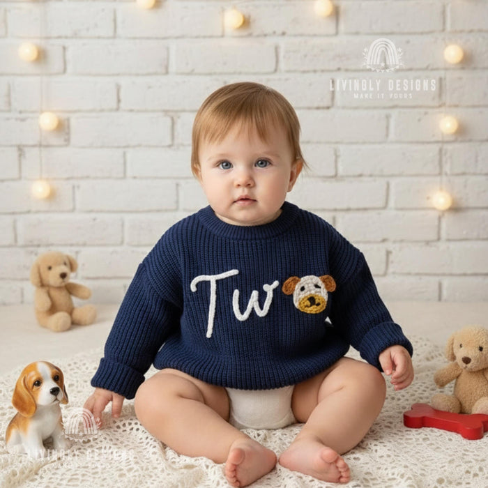 Personalized Number/Age Birthday Knit Sweater with Puppy Detail