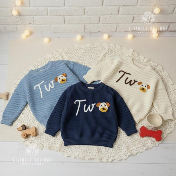 Personalized Number/Age Birthday Knit Sweater with Puppy Detail