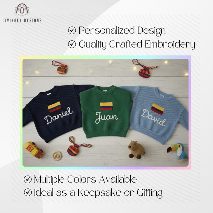 Personalized Name Kids Colombian Flag Knit Sweater