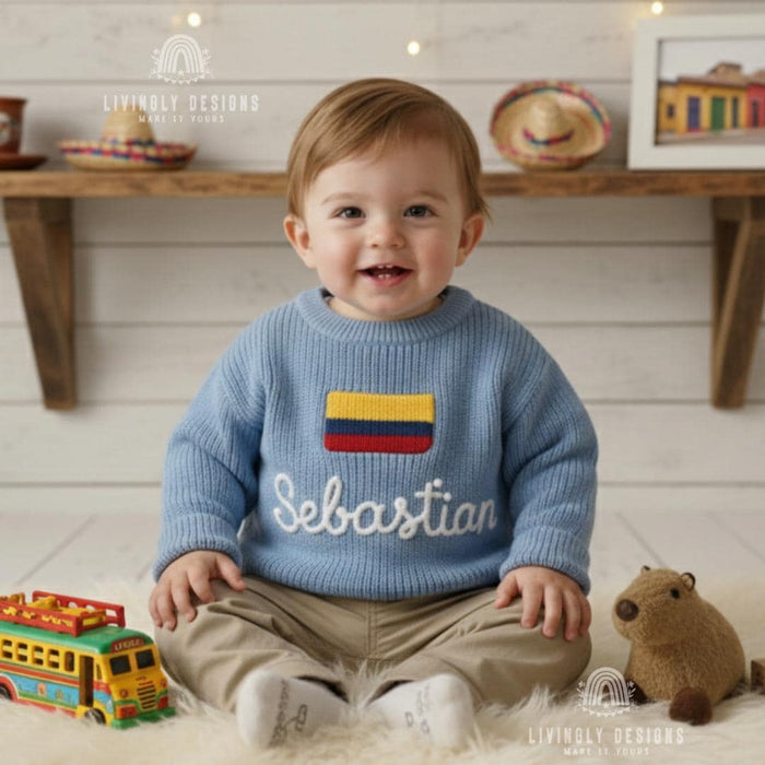 Personalized Name Kids Colombian Flag Knit Sweater