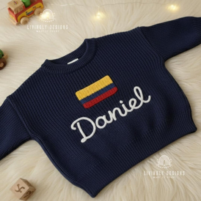 Personalized Name Kids Colombian Flag Knit Sweater