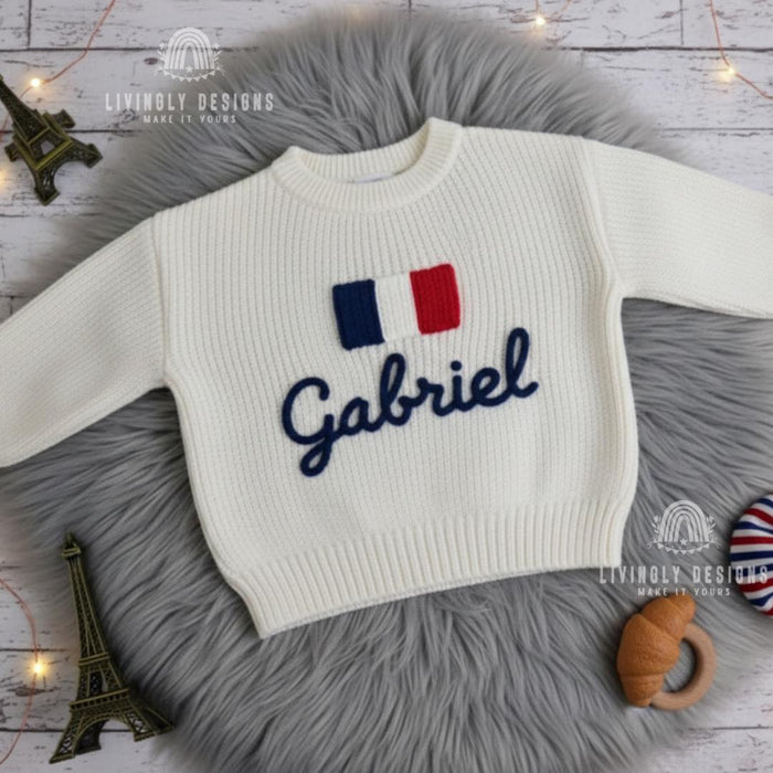 Personalized Name Kids French Flag Knit Sweater