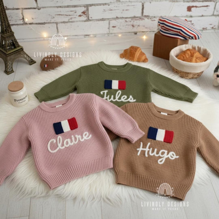 Personalized Name Kids French Flag Knit Sweater