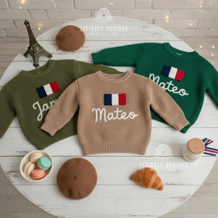 Personalized Name Kids French Flag Knit Sweater