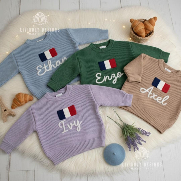 Personalized Name Kids French Flag Knit Sweater