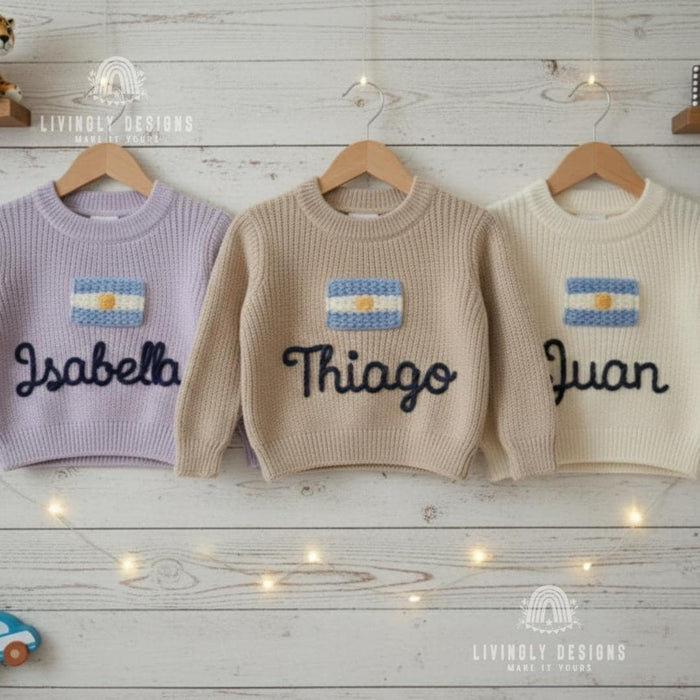 Personalized Name Kids Argentina Flag Knit Sweater
