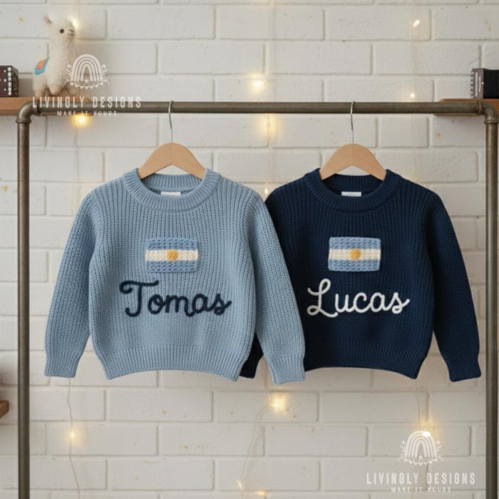 Personalized Name Kids Argentina Flag Knit Sweater