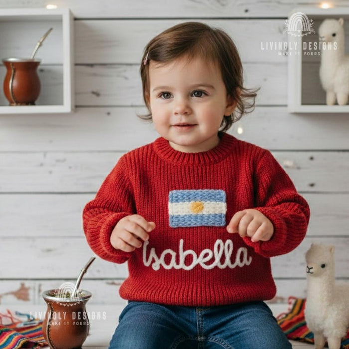 Personalized Name Kids Argentina Flag Knit Sweater