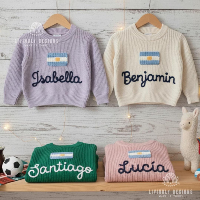 Personalized Name Kids Argentina Flag Knit Sweater