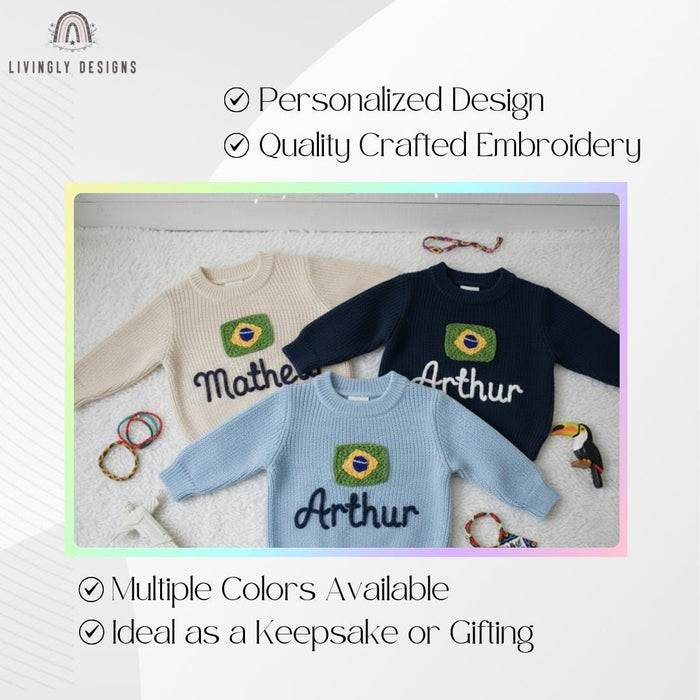 Personalized Name Kids Brazil Flag Knit Sweater