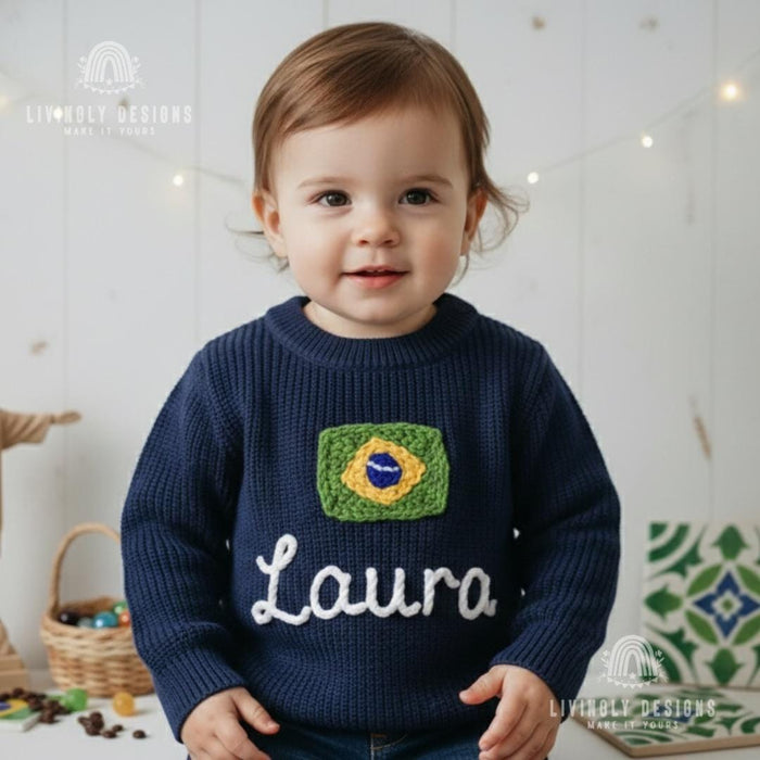 Personalized Name Kids Brazil Flag Knit Sweater