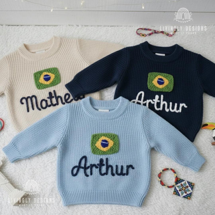 Personalized Name Kids Brazil Flag Knit Sweater