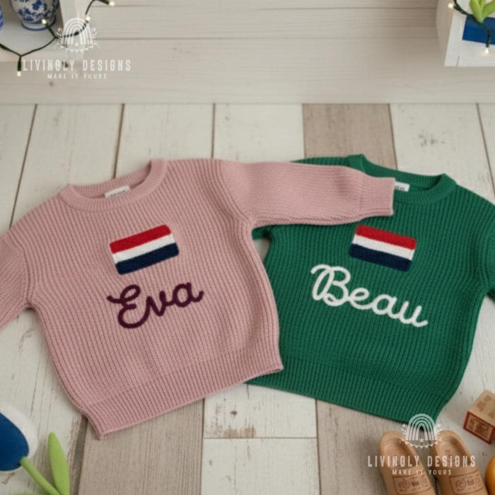 Personalized Name Kids Netherlands Flag Knit Sweater