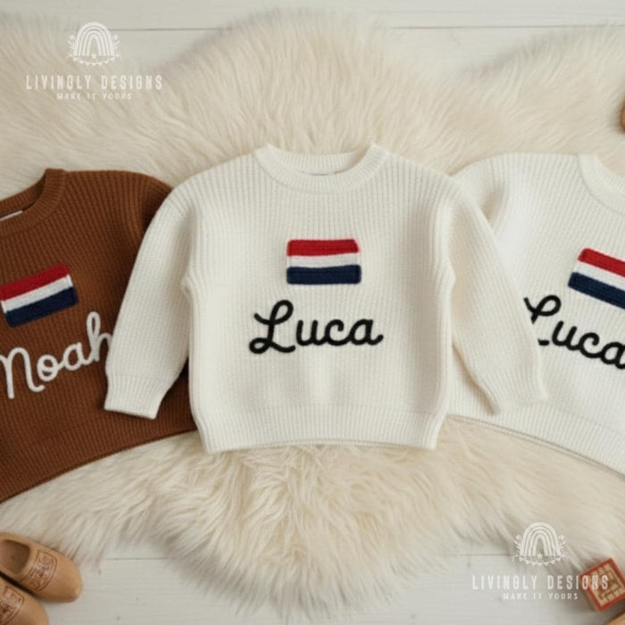 Personalized Name Kids Netherlands Flag Knit Sweater