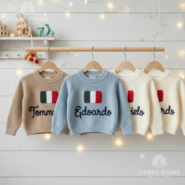 Personalized Name Kids Italy Flag Knit Sweater