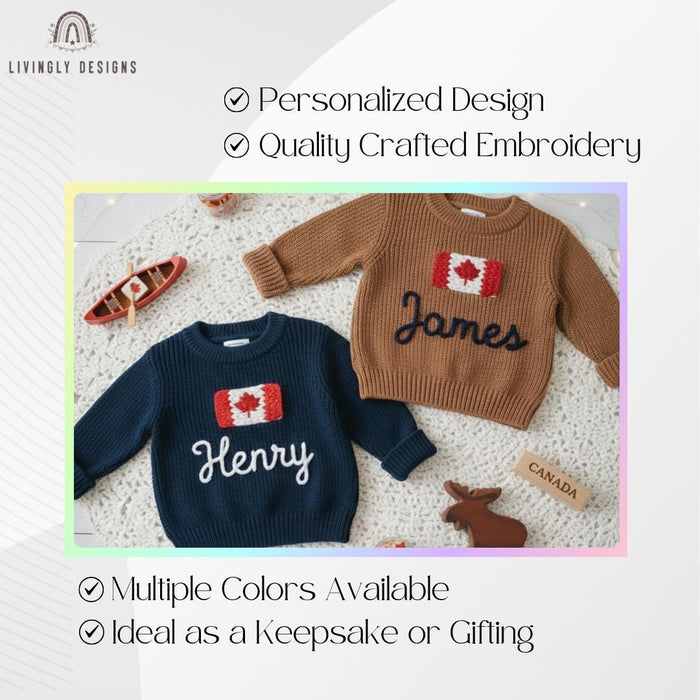 Personalized Name Kids Canada Flag Knit Sweater