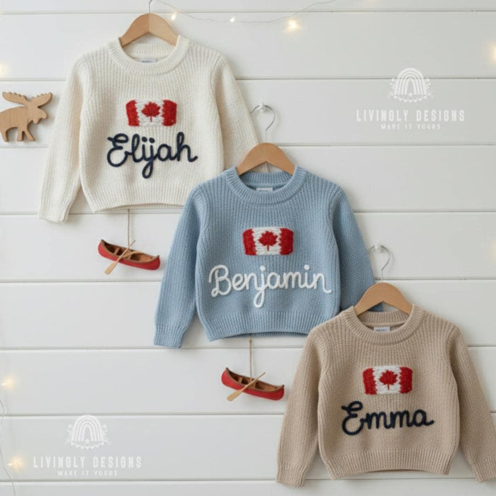 Personalized Name Kids Canada Flag Knit Sweater
