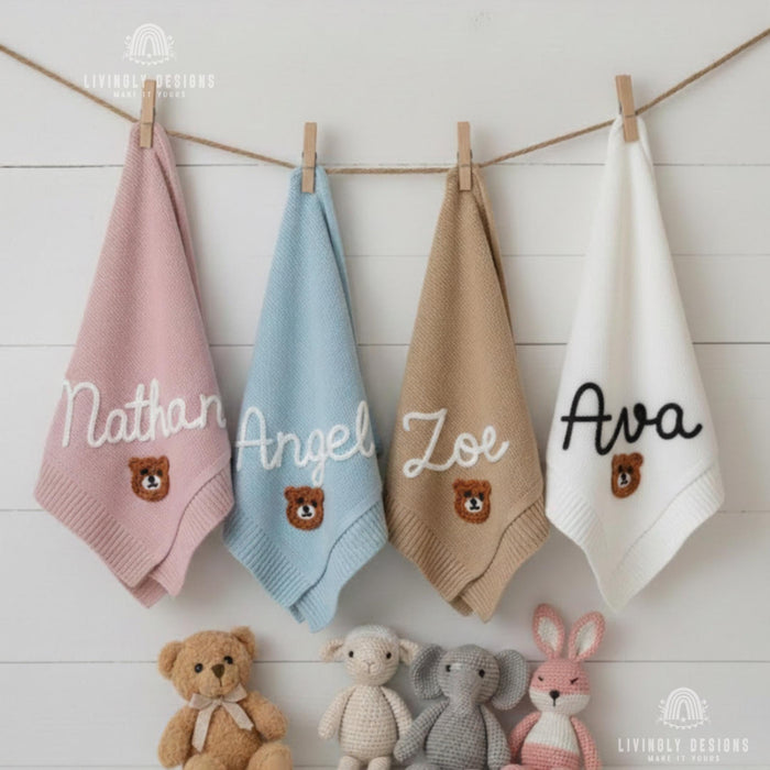 Hand Embroidered Custom Bear Baby Blanket
