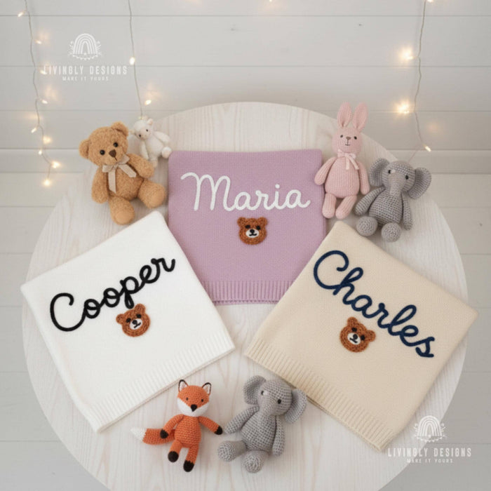 Hand Embroidered Custom Bear Baby Blanket