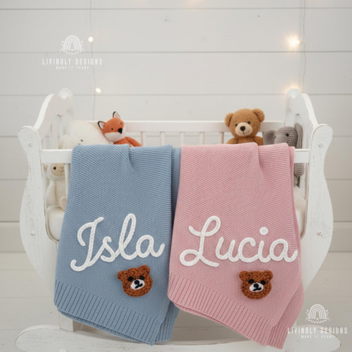 Hand Embroidered Custom Bear Baby Blanket
