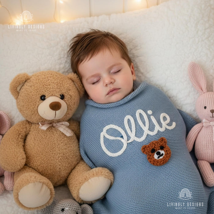 Hand Embroidered Custom Bear Baby Blanket