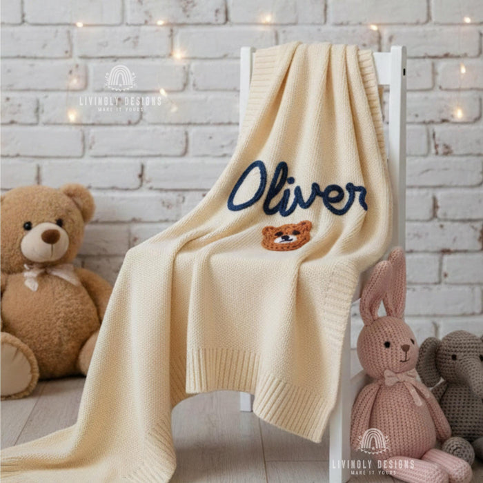 Hand Embroidered Custom Bear Baby Blanket