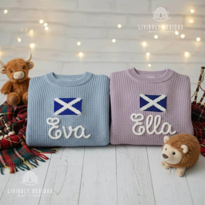 Personalized Name Scottish Flag Kids Knit Sweater