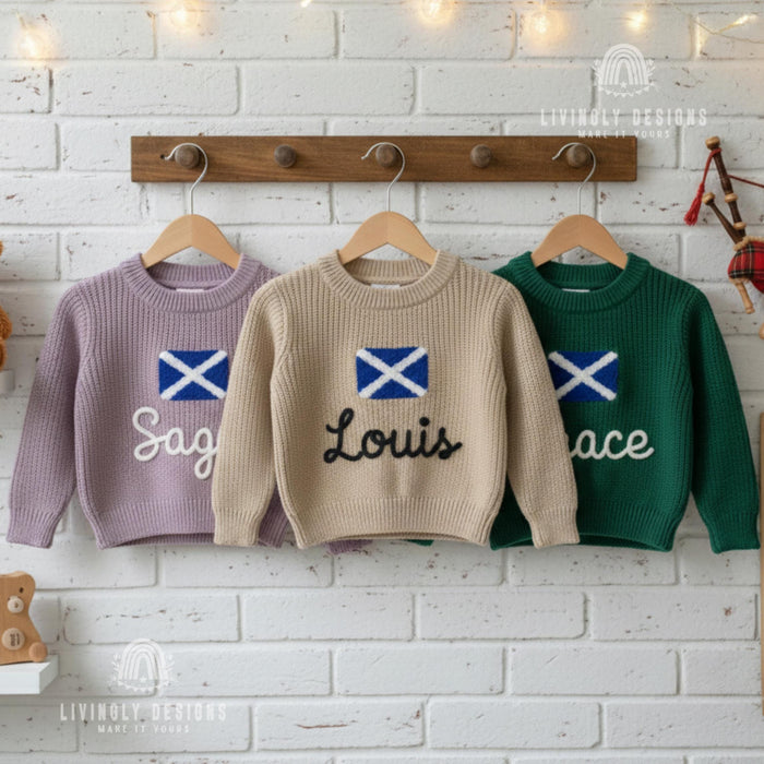 Personalized Name Scottish Flag Kids Knit Sweater