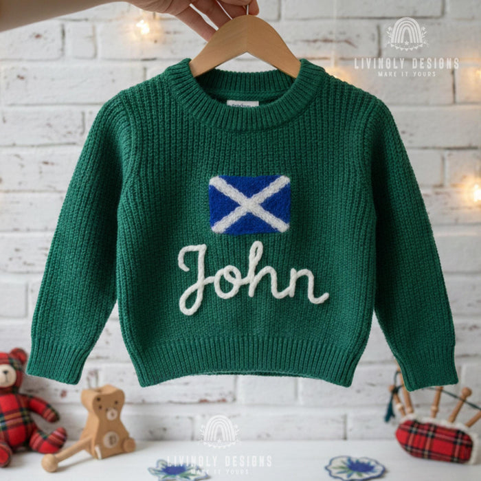 Personalized Name Scottish Flag Kids Knit Sweater