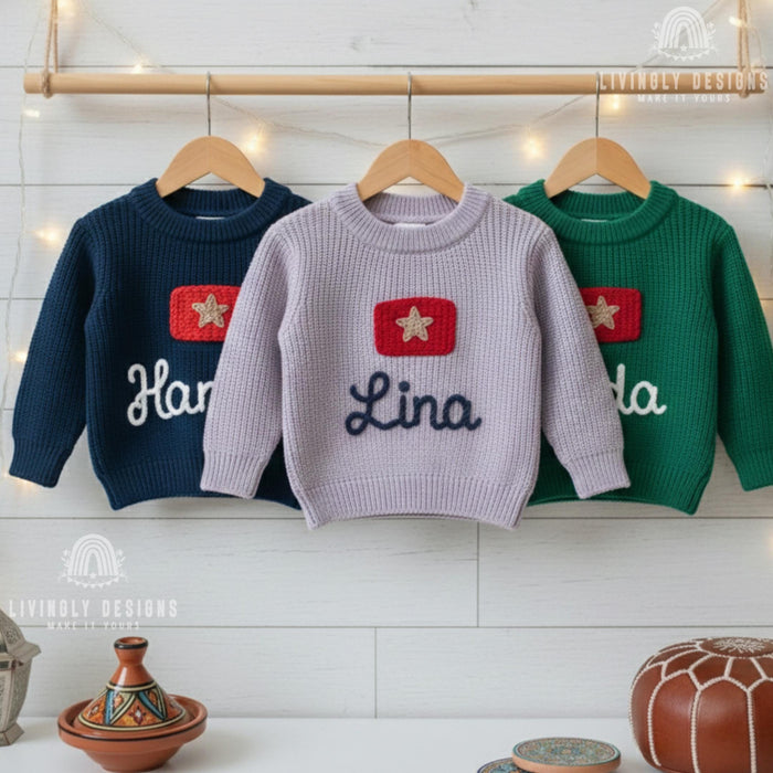 Personalized Name Kids Morocco Flag Knit Sweater
