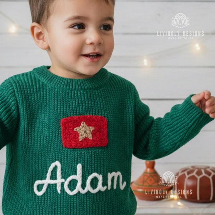 Personalized Name Kids Morocco Flag Knit Sweater