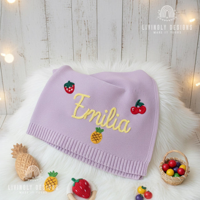 Custom Baby Name Blanket with Strawberry, Cherry & Pineapple Embroidery