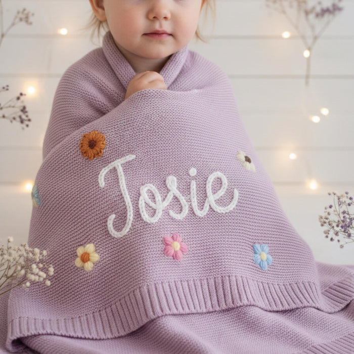 Custom Embroidered Floral Knit Baby Blanket