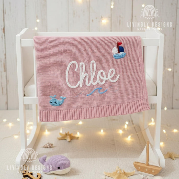 Personalized Nautical Baby Blanket with Whale and Sailboat