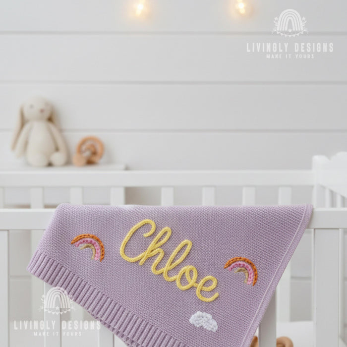 Custom Baby Name Blanket with Rainbows & Clouds
