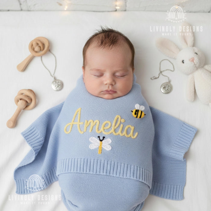 Personalized Bee Baby Blanket with Bee & Dragonfly