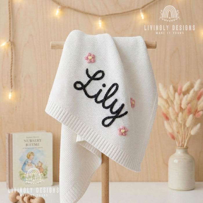 Custom Baby Name Blanket with Pink Daisy Flower Design
