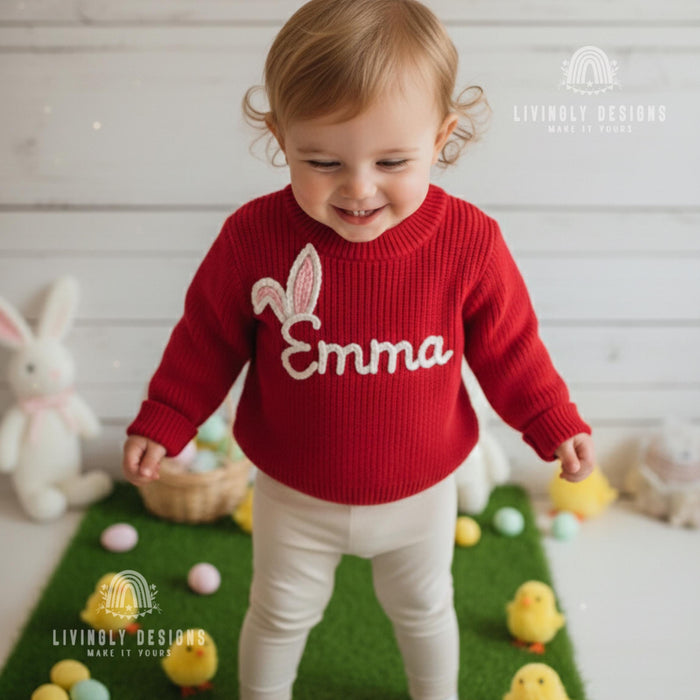 Custom Name Easter Sweater: Baby & Kids Jumper Name with Bunny Ears Keepsake Gift