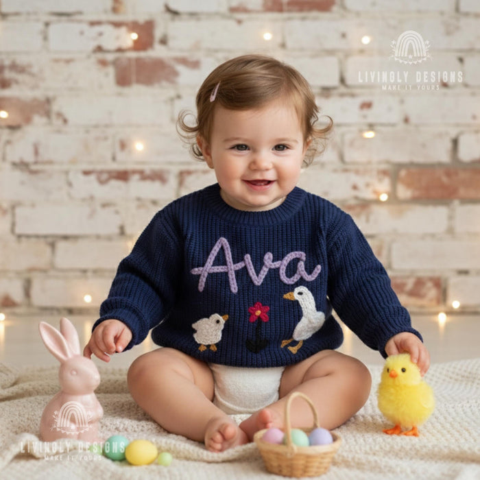 Custom Name Embroidered Duck, Swan, Flower Keepsake Sweater