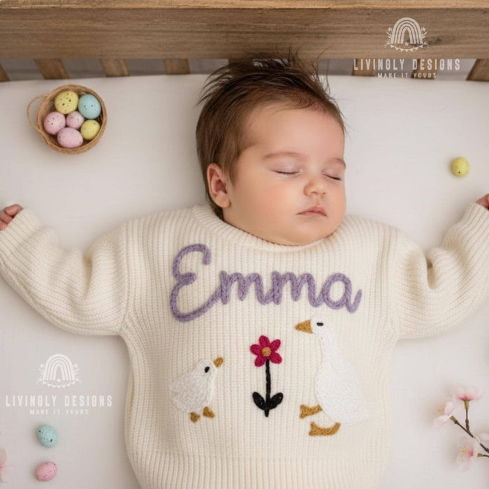 Custom Name Embroidered Duck, Swan, Flower Keepsake Sweater