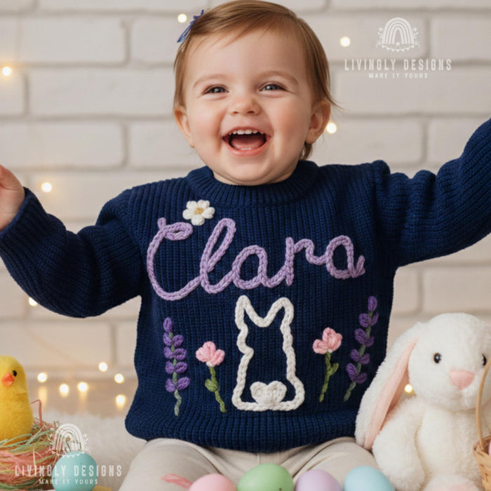 Custom Name Floral Bunny Embroidered Jumper: Easter Keepsake Sweater