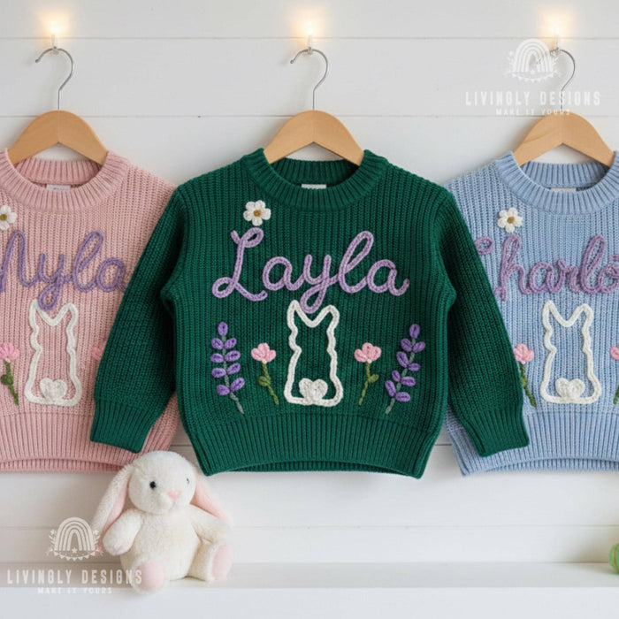 Custom Name Floral Bunny Embroidered Jumper: Easter Keepsake Sweater